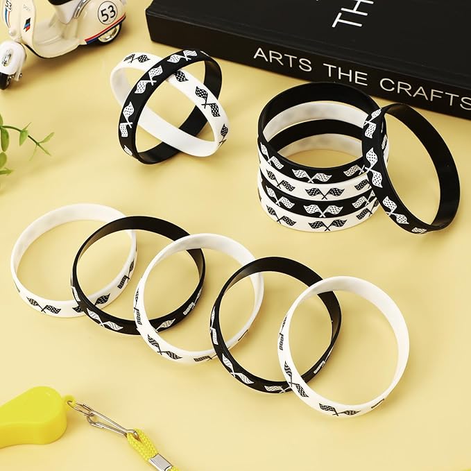 JUNEBRUSHS 42Pcs Racing Car Party Favors, Racing Flag Silicone Rubber Wristbands Bracelets for Baby Shower Birthday Party Goodie Bag Favor Campaign Supplies