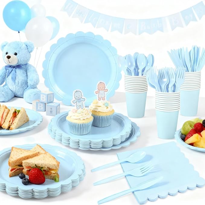 176 PCS Light Blue Party Decorations Includes Scalloped Plates, Napkins, Cups, Cutlery, Tablecloth for Baby Shower Wedding Birthday Party Decorations, Serves 25