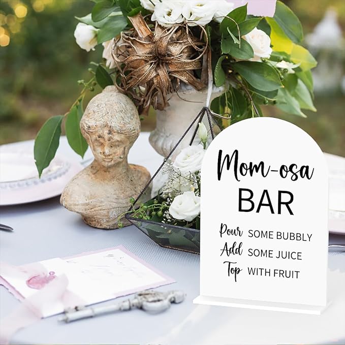 Baby in Bloom Shower Decorations, Baby Shower Sign, Newborn Gifts, Mom-Osa Bar Signs, Modern Calligraphy Arched Acrylic Table Top Signs With Stand for Birthday Party Decorations (White)