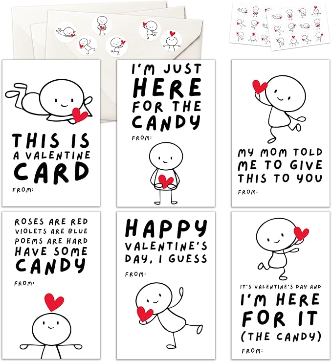 Pawzity 36 Packs Valentines Day Cards for Kids - Funny Valentines Day Card for Kids Classroom School Party Favors, Toddlers, Boys - 3.2''x 4.7'' Humorous Stick Cards with Envelopes & Stickers