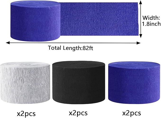 We Moment Black and Blue Silvery Crepe Paper Streamers Party Streamer 1.8 Inch Widening 6 Rolls,Black Blue Party Decorations Streamer 82 feet per roll for Birthday Party Decorations