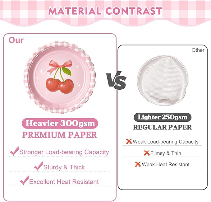 Pink Bow Cherry Birthday Party Supplies - 300 Pcs Disposable Dinnerware Set Serves 50 - Includes Paper Plates, Napkins, Cups, Straws, Forks - Coquette Aesthetic Party Decorations for Girls Women