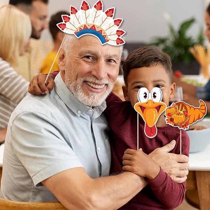 30 pcs Thanksgiving Photo Booth Props Funny Turkey Day Kits DIY Selfie Props with Stick for Fall Thanksgiving Day Party Decoration Favors