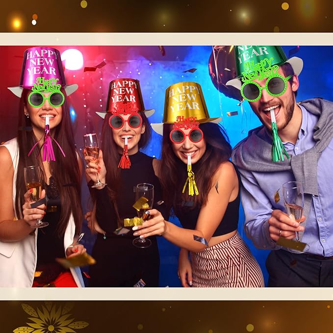 Shappy 36 Pieces New Year Eve Party Supplies 2026 Includes 12 Paper New Year Party Hats, 12 Colorful Glasses, 12 Colorful Blowers Noisemakers for 2026 Decorations Supplies