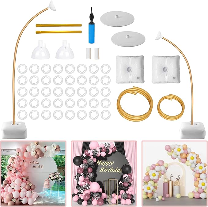 Balloon Arch Stand Kit, 8.2ft & 5ft Free Bending Half Arch Balloon Stand, Balloon Stand for Floor Suitable for Birthday, Wedding, Graduation Party, Anniversary, Gold