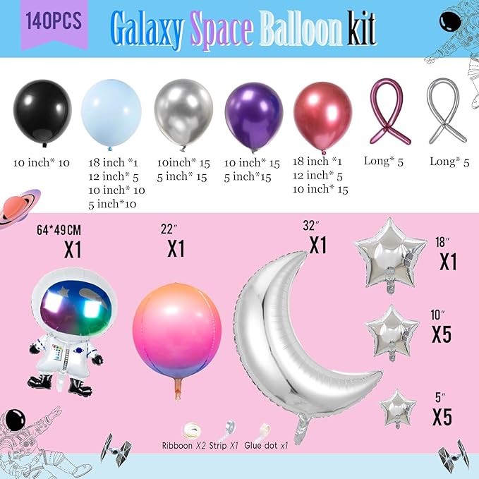 Galaxy Space Balloon Garland Kit 140pcs purple blue black Outer Space Astronaut Moon & Star Diy 4D planet Balloons for girl two the moon birthday decorations Kids Party Supplies