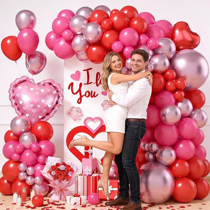 Valentines Day Balloons Arch Kit, Hot Pink Red Metallic Pink Blloons with Heart Foil Balloon for Valentines Day Decorations Wedding Engagement Anniversary Supplies
