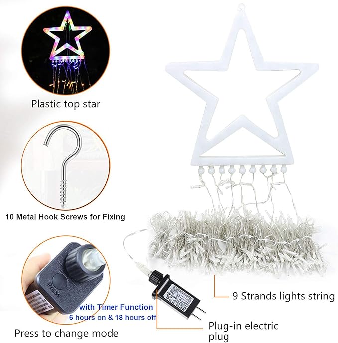 FUNIAO (New Christmas Lights, Outdoor Christmas Decorations, 320 LED Waterfall String Lights, 8 Light Modes Chrsitmas Lights with 12" Star Tree Topper for Yard, Wedding, Party, New Year (Multicolor)