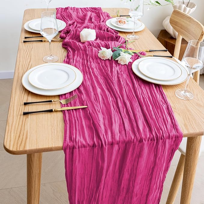 Wokceer Cheesecloth Table Runner Fuchsia 10FT Boho Gauze Cheese Cloth Table Runner for Party Long Rustic Sheer Table Runners for Baby Bridal Shower Wedding Easter Table Decor
