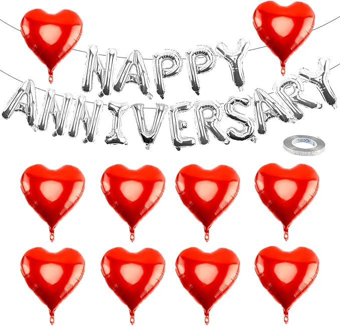 Happy Anniversary Decorations - 16 Inch Silver Letters Banner With 18 Inch Heart Balloons, Backdrop for Room Wedding Party Celebrations Valentines Day Decor