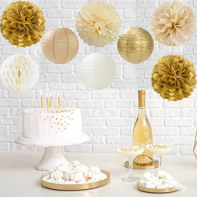 Gold White Champagne Beige Paper Flowers Tissue Pom Poms Honeycomb Lanterns 15pcs Party Decorations Engagement Birthday Wedding Baby Bridal Shower Hanging Supplies Mprocherify