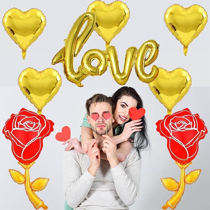 Gold Heart Balloons Gold Love Balloons Gold Rose Balloons Valentine Balloons Valentine Party Balloons for Valentine Day Decoration Anniversary Party Decorations Theme Supplies Balloon Sets-8 PCS