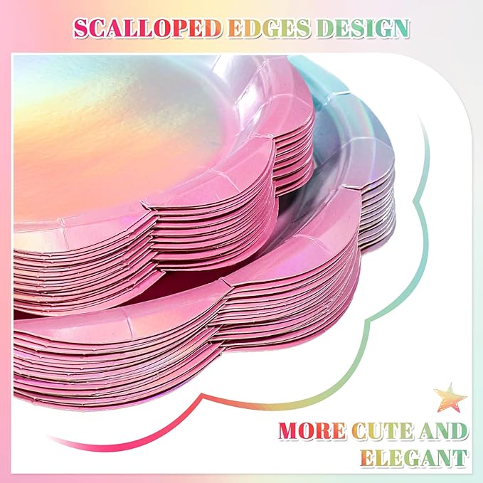 200 Pcs Iridescent Pastel Party Supplies Decorations, 25 Guest Scalloped Iridescent Pastel Plates and Napkins, Holographic Rainbow Plates Cups Napkins Straw Silverware for Girls Birthday