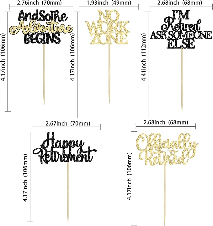 Gyufise 30Pcs Happy Retirement Cupcake Toppers Officially Retired Cupcake Picks No Work Zone Adventure Begins Cake Decorations for Retirement Theme Farewell Birthday Party Supplies Black Gold