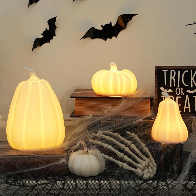 Light Up Pumpkin Halloween Decor - 3 Pack Ceramic Pumpkin Decor for Indoor, Table, Tray