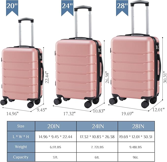 NEWBULIG Suitcases Spinner Wheels Lightweight Expandable Travel Hard Shell Luggage with TSA Lock, Pink, 3-PCS Set (20/24/28 Inch)