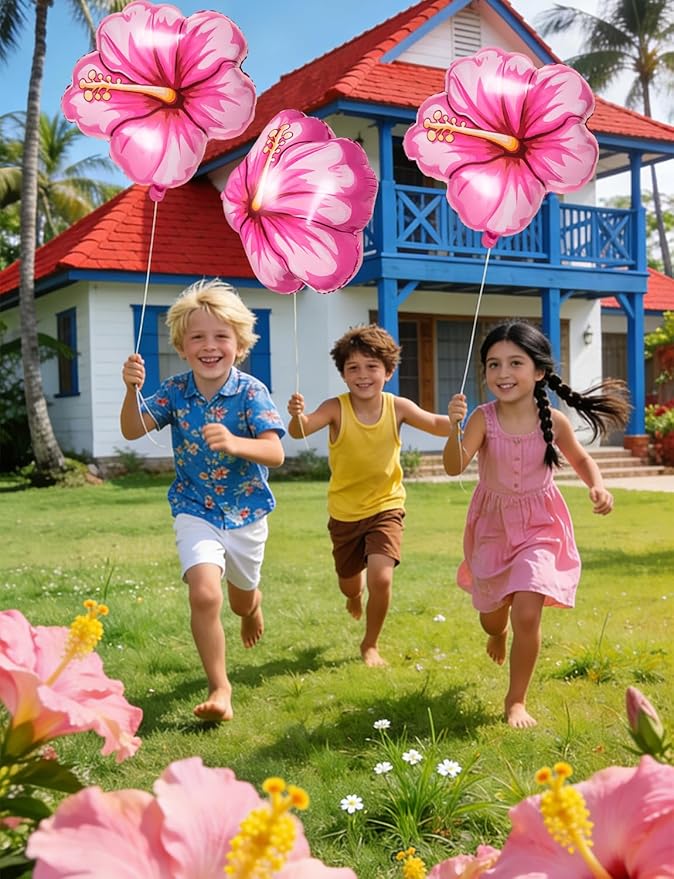 10Pcs Tropical Hibiscus Foil Balloons, Pink Hibiscus Flowers Balloon for Magic Theme Summer Hawaiian Luau Aloha Birthday Party Decorations