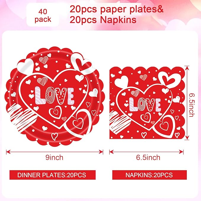 Valentines Day Plates and Napkins Set - 40 Pcs Disposable Red Heart Party Supplies for 20 Guests, Includes 20 Dinner Plates (9 Inch) & 20 Valentine Napkins for Galentines Party Decorations