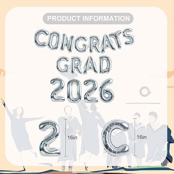 TONIFUL Graduation Balloons 16 Inch Silver Congrats Grad Balloons 16 Inch Silver 2026 Number Foil Balloons for 2026 Graduation Party Graduate Congratulations 2026 Congrats Grad Decorations