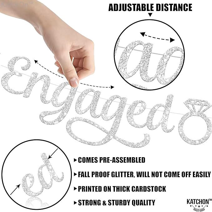 KatchOn, Silver Glitter Engaged Photo Banner - 2 String, 10 Feet, No DIY | Silver Engagement Party Decorations | Engagement Photo Banner for Bachelorette Party Decorations | She Said Yes Decorations