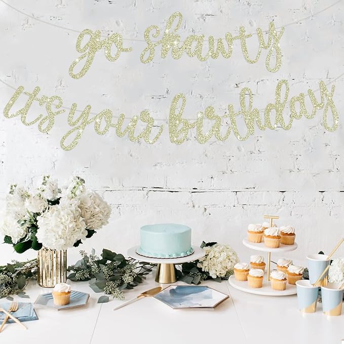 BEISHIDA Light Gold Go Shawty It's Your Birthday Banner - NO DIY - Hip Hop Theme Glitter Happy Birthday Banner - Pre-Strung - Black Rap Theme Happy Birthday Sign for Man Women birthday Party Supply