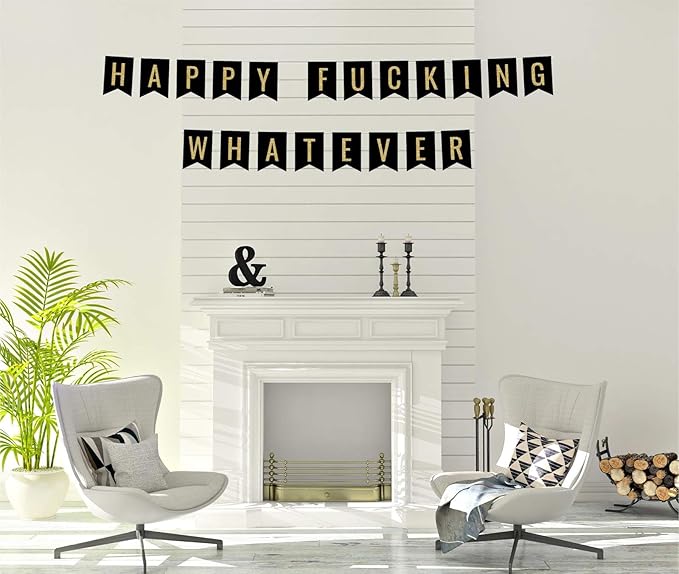Andaz Press Faux Gold Glitter on Black Birthday Party Banner Decorations, Happy Fucking Whatever, Approx 5-Feet, 1-Set, Birthday Milestone Colored Hanging Pennant Decor