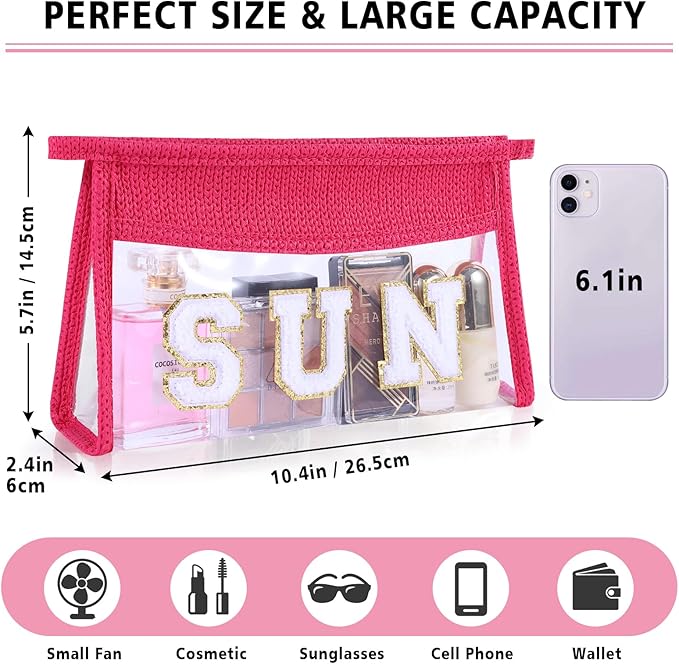 Sunscreen Bag Clear Makeup Bag Chenille Letter Sun Cosmetic Pouch Summer Beach Essential Cute Toiletry Pouch Travel Accessories Gifts for Women