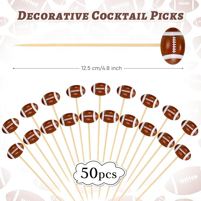 50 Pcs Football Toothpicks, 4.72 Inch Football Cocktail Picks for Appetizers, Long Bamboo Toothpicks, Decorative Toothpicks Skewers for Holiday Birthday Party Decorations (Football 3D)