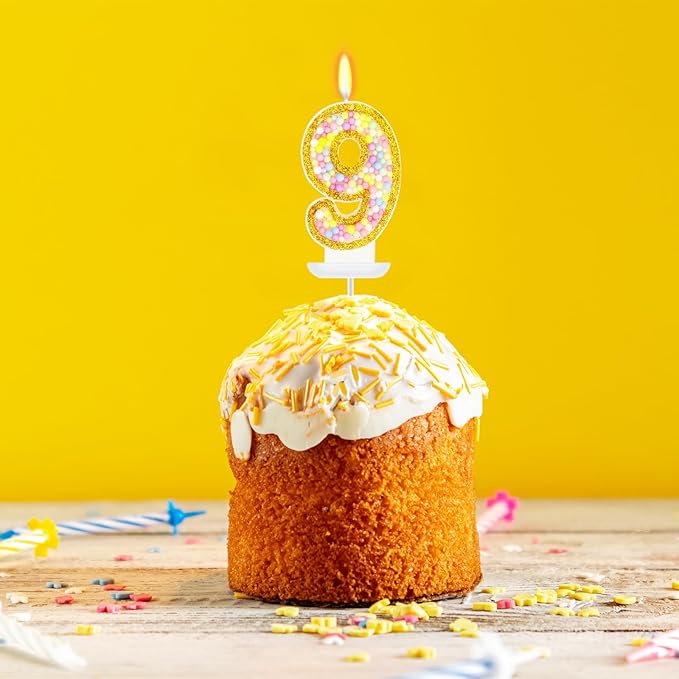 9th Birthday Candle for Cake, Colorful Macaron Numeral Candles for Girls/Boys, Birthday Party Cake Decorations, Golden Cake Topper for Birthday Party Supplies (Number 9)