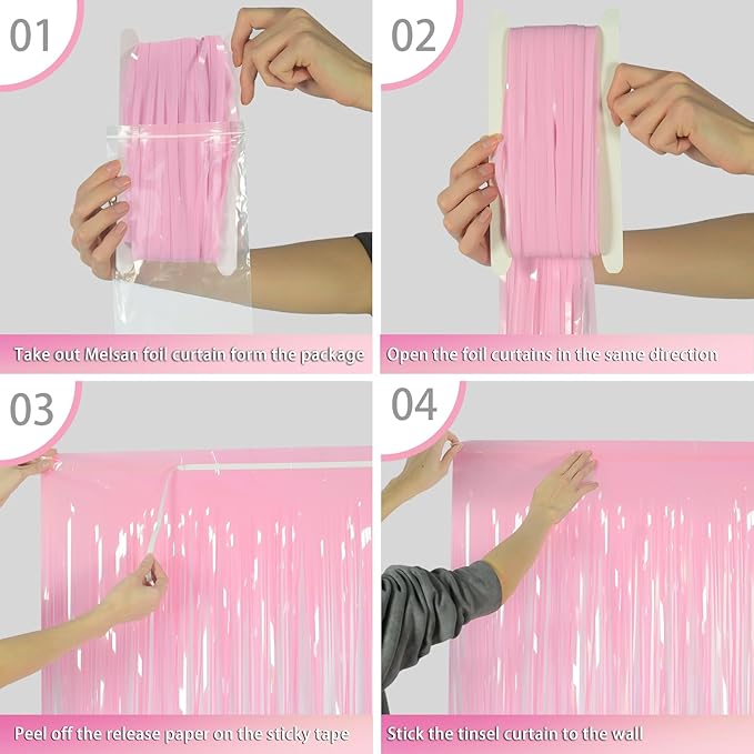 Pastel Pink Tinsel Curtain Backdrop, 3.28 x 8ft Extra Long Macaron Pink Foil Fringe Curtain with Extra Backup Tape, Party Decoration for Easter, Birthday & Photo Booth, 2 Pack