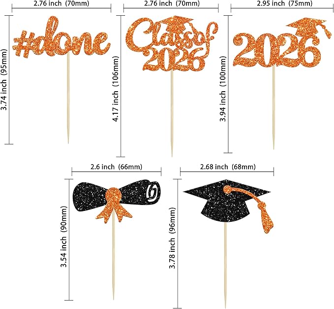 Gyufise 30Pcs 2026 Graduation Cupcake Toppers Orange Glitter Class of 2026 Done Cupcake Picks Grad Cap Diploma Cake Decorations for 2026 Graduation Theme Party Cake Decorations Supplies