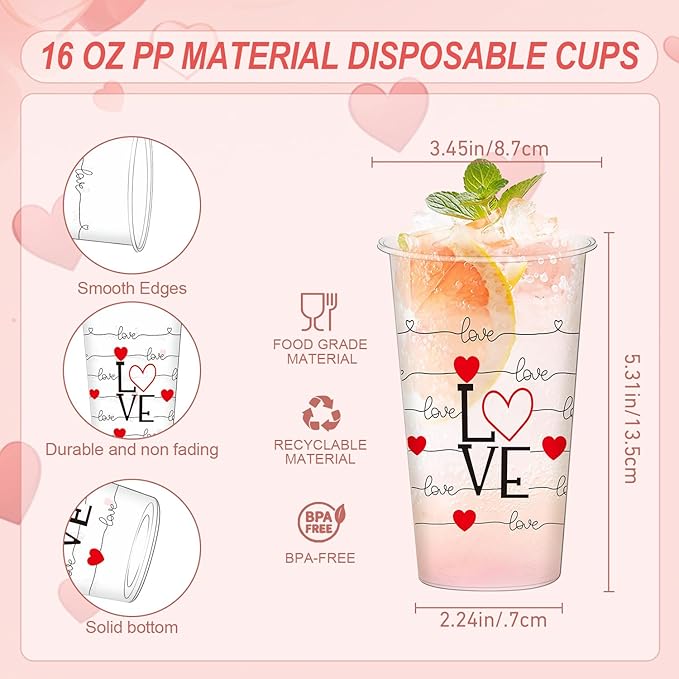50pcs 16oz Valentine's Day Disposable Cups, Wedding Disposable Clear Plastic Cups for Wedding Anniversary Party Decorations, Suitable for Iced Coffee, Hot Cocoa, Chocolate, Valentine's Day Love Theme