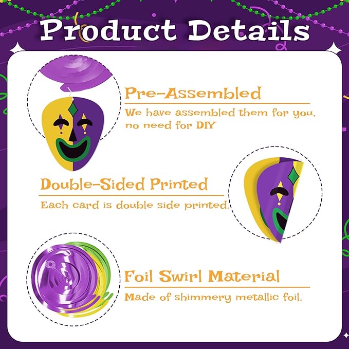 Mardi Gras Hanging Swirls, 45Pcs Happy Mardi Gras Ceiling Streamers Swirl Hanging Crown Mask Decorations for Masquerade New Orleans Party Suppies