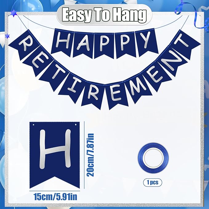 Retirement Party Decorations for Men Women Blue Silver Happy Retirement Banner Hanging Swirls Kit for Retire Party Decor Supplies