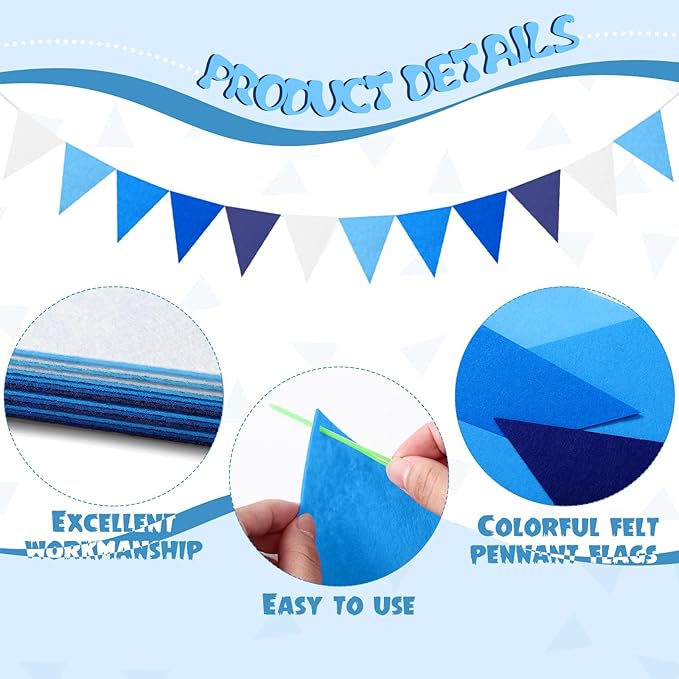 Irenare 9.8ft Pom Pom Garland Felt Rainbow Garland Graduation Party Decoration Colorful Pennant Tassel Banner Birthday Baby Shower Triangle Banner for Classroom School Mantel Fireplace(Blue)