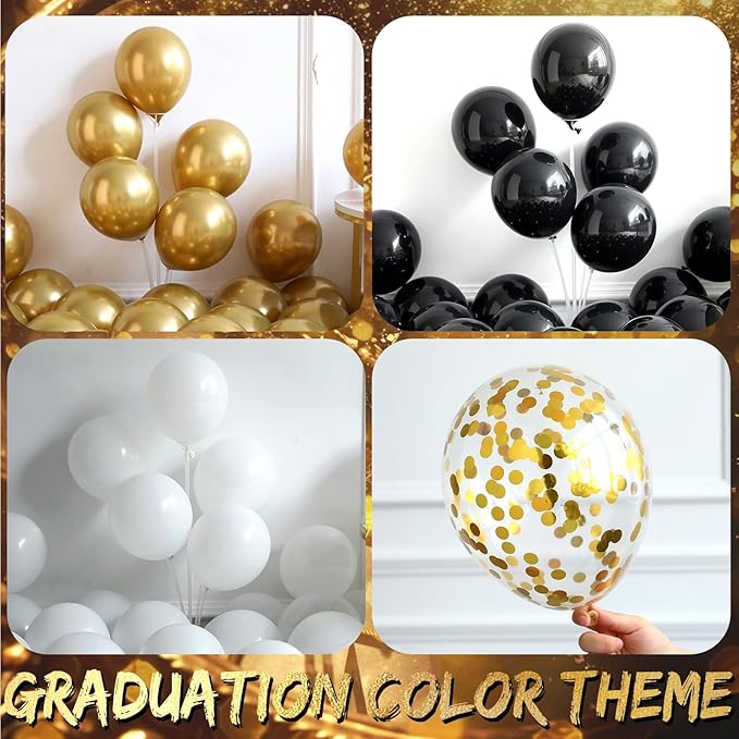135Pcs Black Gold White Graduation Balloon Garland Arch Kit,with Explosion Star,Diploma,Trophy,Grad Hat,Photo Frame Foil Balloons for Congrats Class of 2025 Graduates Celebrations Party Decoration