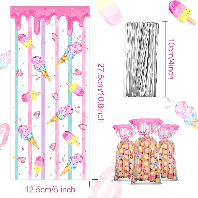 Geyee 100 Pieces Sweet Party Favors Ice Cream Treat Bags Plastic Candy Clear Cellophane Gift Bags with 100 Silver Twist Ties for Girls Kids Sweet Birthday Baby Shower Decorations Supplies
