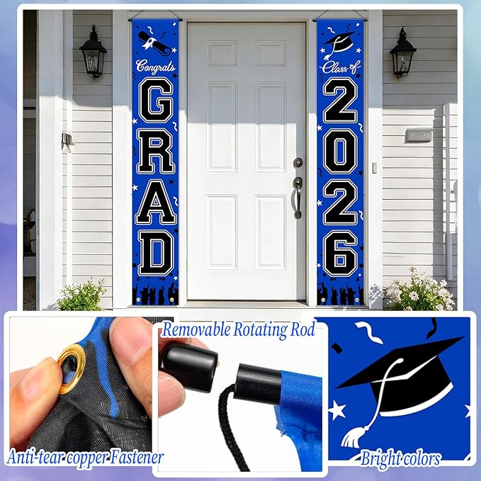 WOHOHOHO 23Pcs Graduation Decorations 2026 Set, Blue Porch Door Sign GRAD Banner, Class of 2026 Backdrop, 5 Colors Large Balloons, Hanging Party Supplies for High School College Indoor Outdoor Decor