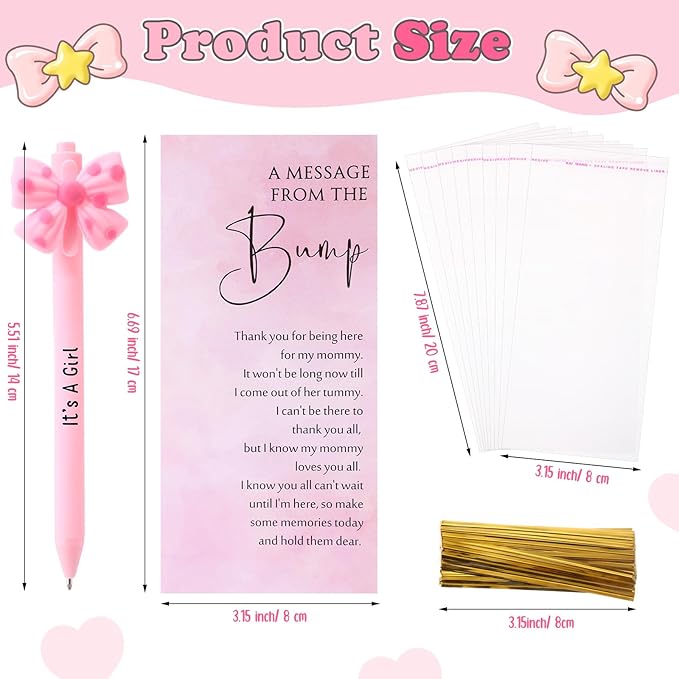50 Set Baby Shower Party Gift Pen Favors for Guests Include 50 Pink Blue Bow Ballpoint Pens 50 Baby Shower Thank You Cards with Opp Bags for Gender Reveal Party Prizes Souvenirs(Girl)