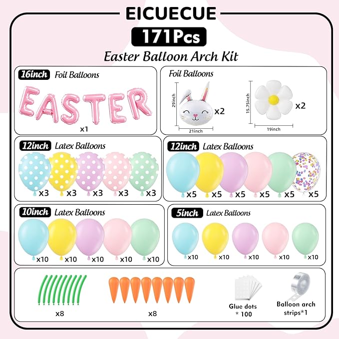 171Pcs Easter Balloon Arch Kit - Pastel Balloon Garland Kit with Bunny, Carrot & Daisy Balloons for Easter Party, Spring Birthday, Baby Shower, Rainbow Easter Supplies Party Decorations