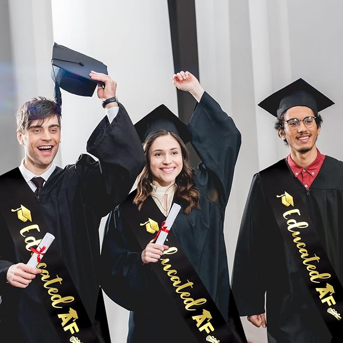 Educated AF Graduation Sash for Graduation Decorations, Black Glitter Sash with Gold Foil for Grad Gifts Party Supplies Graduation Accessories