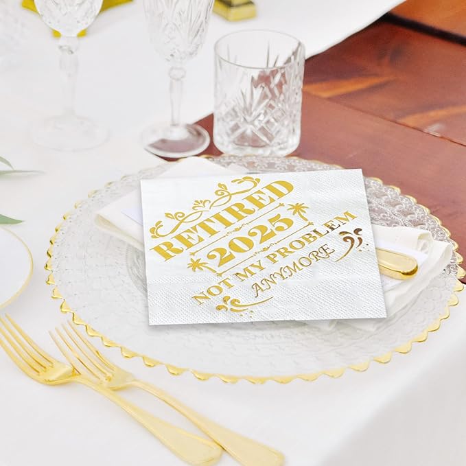 Retired 2025 Cocktail Napkins, 50 Pack 3-Ply Retirement Party Decorations Supplies, Gold Foil Disposable Napkins for Farewell,Coworker Goodbye & Going Away Celebration (5"x5")