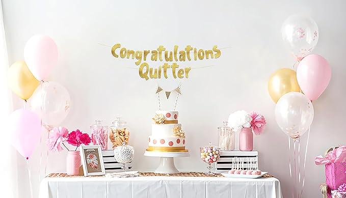 Pre-Strung Congratulations Quitter Gold Glitter Banner - Retirement Decorations for Men and Women - Retirement Party Supplies and Gifts