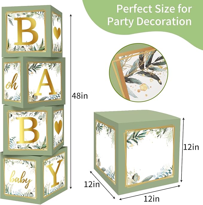 RUBFAC Sage Green Baby Boxes with Letters for Baby Shower, 4pcs Safari Baby Shower Decorations for Boy Girl Balloon Boxes Gender Reveal Birthday Party Favors