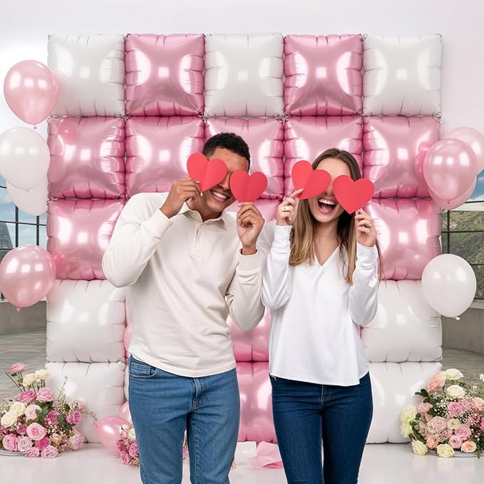 Pink White Square Foil Balloons, 25PCS Double Sided Pastel Pink and Pearl White Square Balloons Backdrop Wall Party Decorations for Girls Women Princess Fairy Birthdays Wedding Baby Shower Valentines