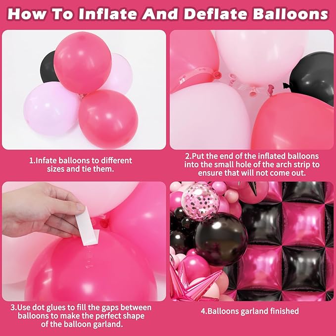 152Pcs Pink and Black Foil Square Balloon Wall Backdrop with Hot Pink Black Latex Balloons Arch Garland Kit, Double Sided Balloon Tunnel for Birthday Bridal Shower Baby Shower Anniversary Decorations