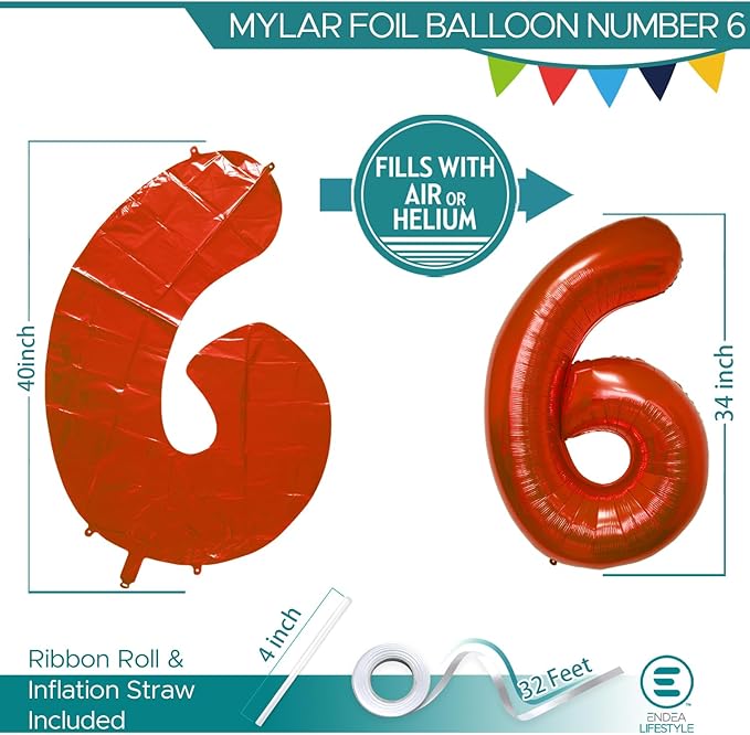 40 Inch Large Red Number Celebration and Decoration Balloon for Birthday Parties, Graduations, Anniversaries, Weddings, Photo Shoots, Special Events - Helium Foil Mylar (Red Number 6)