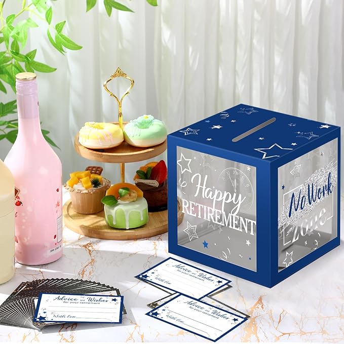 Funrous 51 Pcs Retirement Card Box Advice & Well Wishes Cards for Women Men Happy Retirement Party Decorations Going Away Party Favors(Blue and Grey)