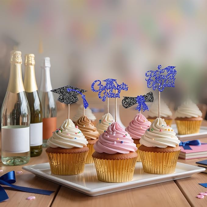 24Pcs Black Blue Graduation Cupcake Toppers 2026, Glitter Grad Cap Diploma Congrats Grad We Are So Proud of You Cupcake Toppers for Class of 2026 Graduation Party Decorations.