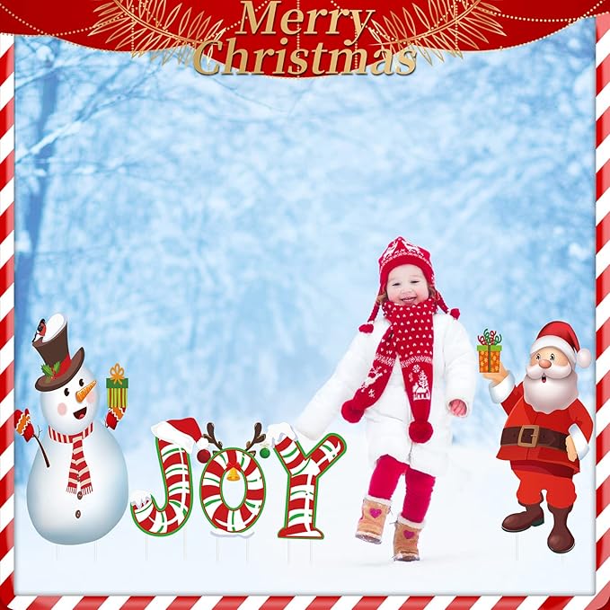 Macarrie Outdoor Christmas Decoration - 5 Pieces Joy Yard Sign with Lights String, Xmas Santa Snowman Lawn Stakes for Outside Holiday Walkway Party Decor